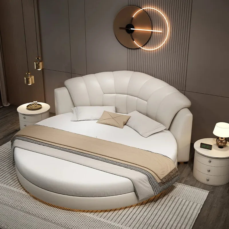 lit rond moderne blanc gris oreillers coussin décoratif tissu simili cuir chambre
