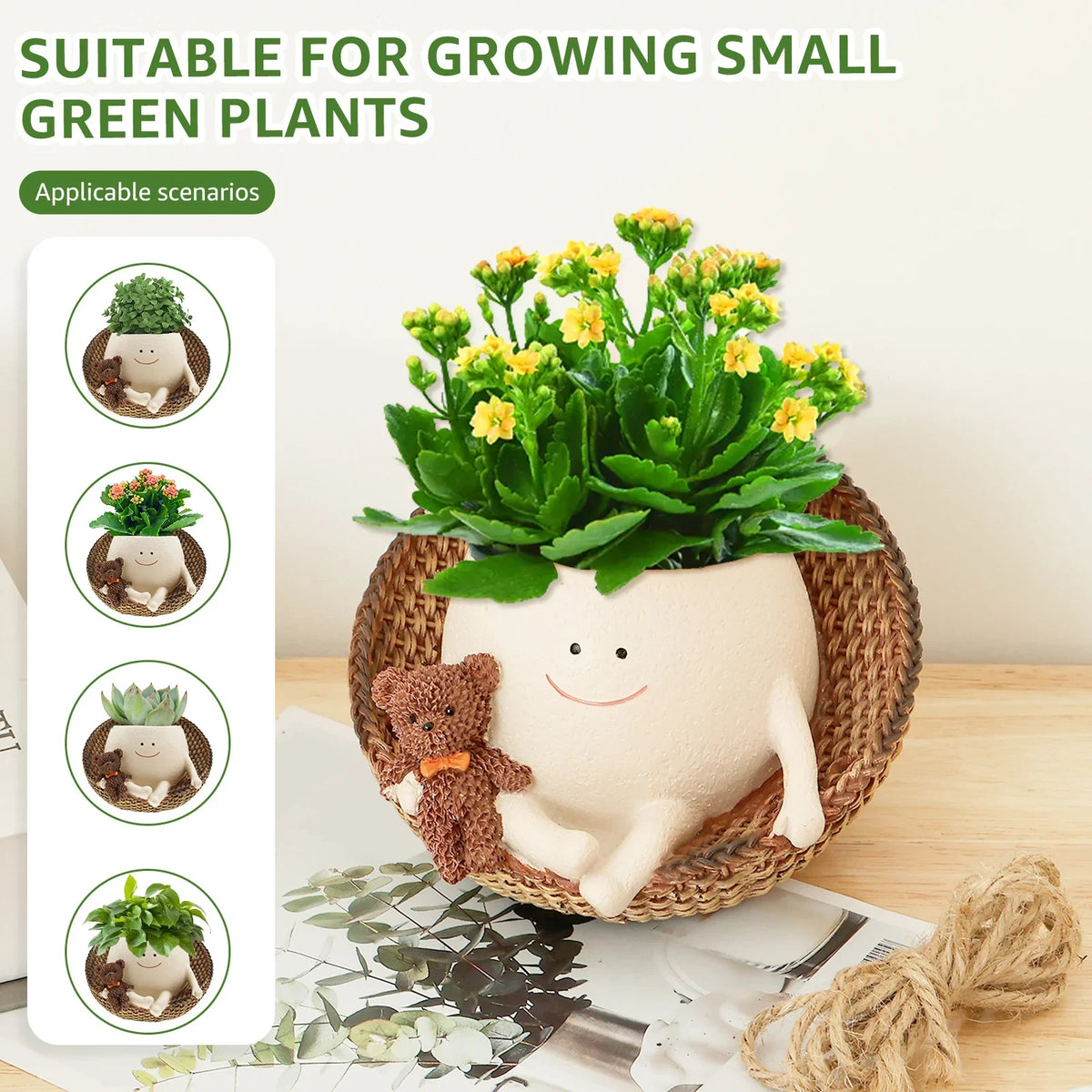 pot fleurs suspendu décoration faciale souriante ours peluche panier tressé plantes vertes corde crochet