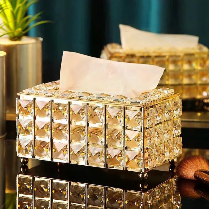 boîte mouchoirs rectangulaire or clair transparent diamants luxueux petits pieds dorés mouchoirs blancs