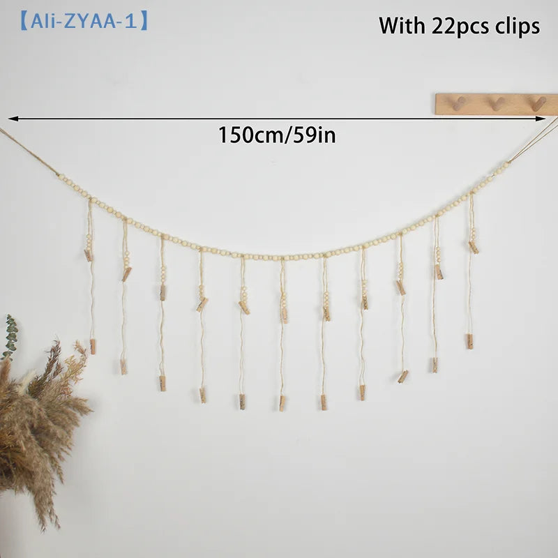 cadre mural photos boho bois ficelle macramé beige blanc rustique