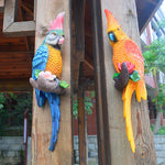 statue murale perroquets résine rouge jaune bleu détaillée adhésif coquille fleurextérieur maison jardin