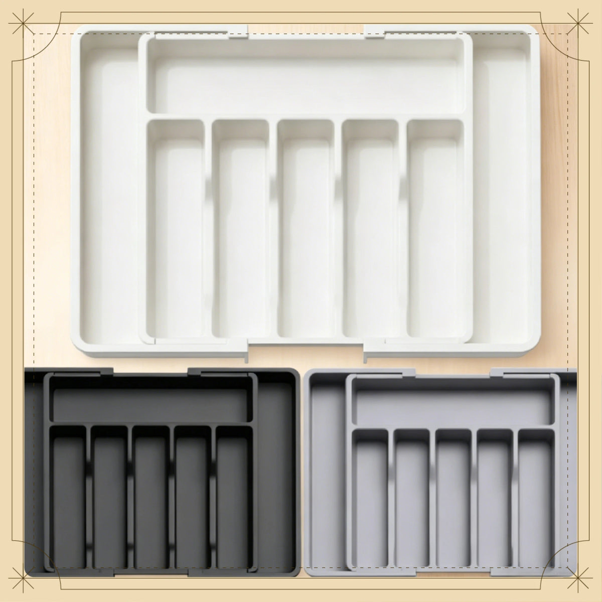 rangement tiroir pliable ustensiles cuisine gris blanc noir moderne pratique adjustable vaisselle