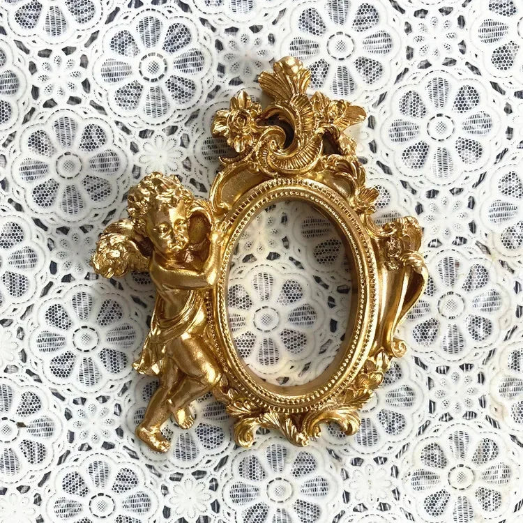 cadre photo rétro or relief floral baroque vintage shabby chic angel figurine round rectangular
