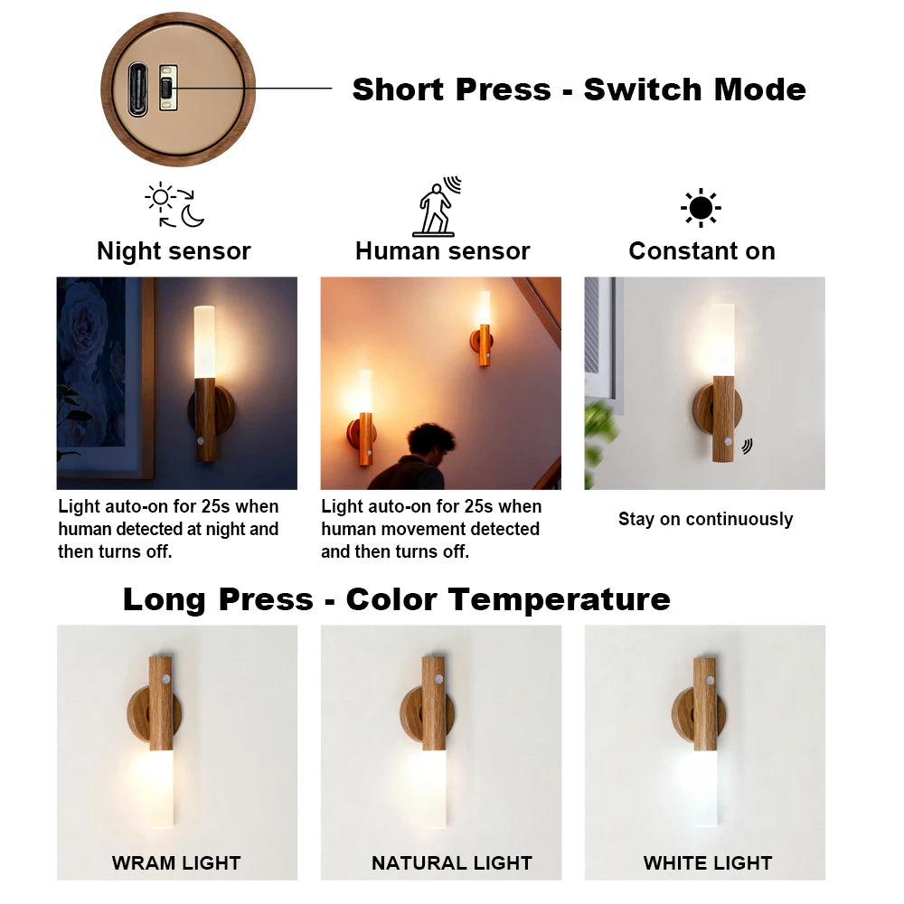 lampe murale moderne blanc bois texture naturelle interrupteur tactile détection mouvement 360° rotation rechargeable