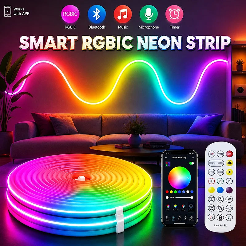 ruban led néon multicolore 10m 15m 20m 5m télécommande bluetooth clips moderne étanche