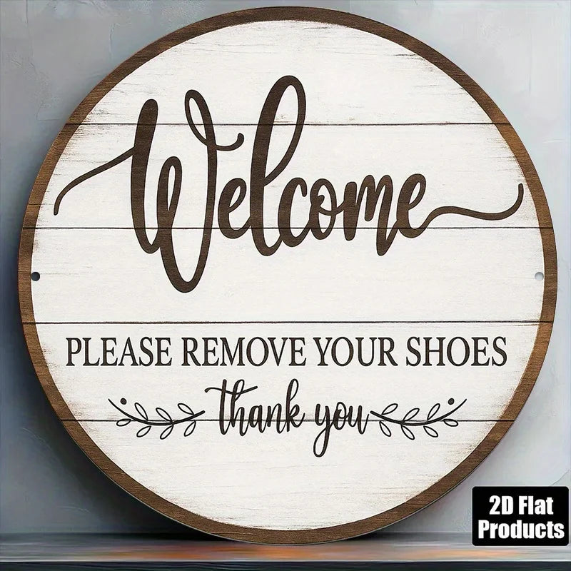 panneau decoratif alu blanc brun texture bois lettrage noir classique rustique bienvenue retire chaussures