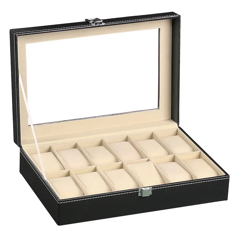 boîte rangement montres cuir noir intérieur beige classique verre transparent compartiments bouton pression