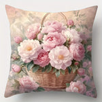 housse coussin imprimé bouquet fleurs roses blanches vintage couleurs rose beige vert polyester 40x40cm