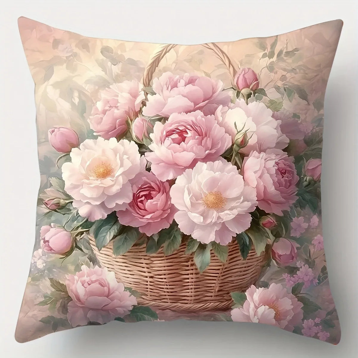 housse coussin imprimé bouquet fleurs roses blanches vintage couleurs rose beige vert polyester 40x40cm