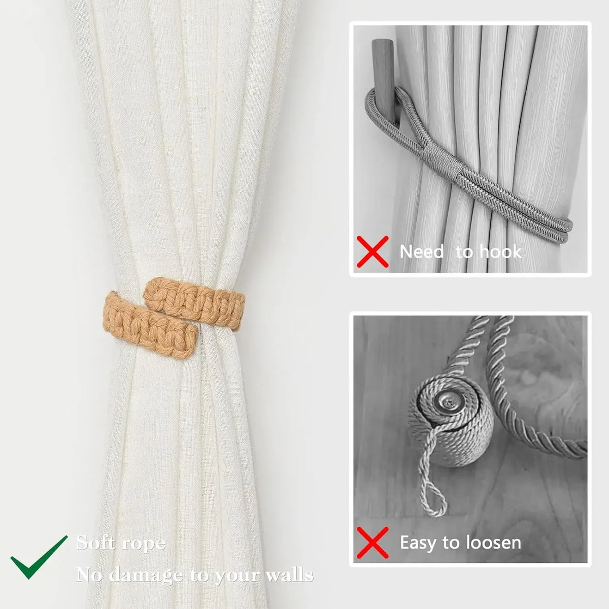anneaux rideau tissé main rustique opaque beige 16pcs longueur 22cm fixations adhésives chambre