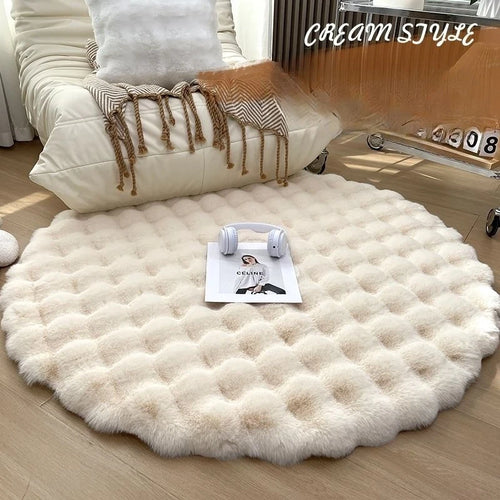 tapis rond acrylique peluche beige rose gris moderne doux chambre salon