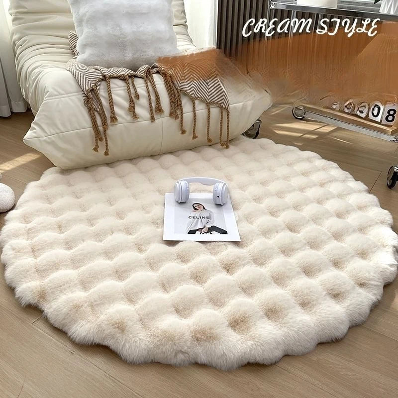 tapis rond acrylique peluche beige rose gris moderne doux chambre salon