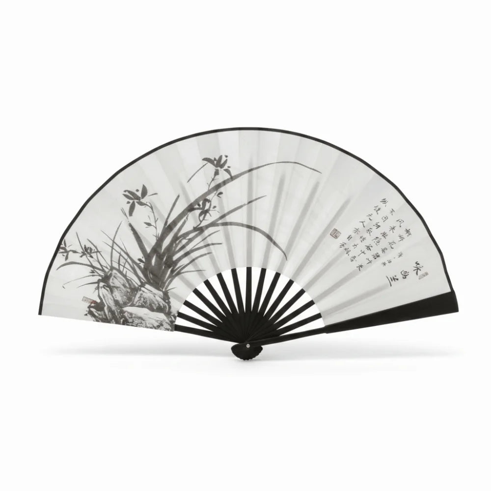 éventails pliants traditionnels chinois fleurs papillons calligraphie paysages noir blanc bleu gris rose support
