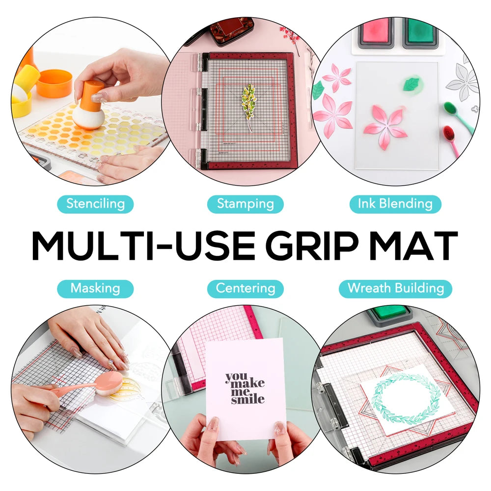 grilles autocollantes transparentes tapis découpe pochoirs outils positionnement tampons encreurs ciseaux bricolage fabrication cartes