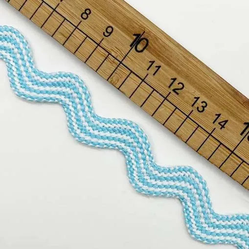 ruban polyester largeur 12mm motif zigzag couleurs bleu gris beige moderne ornement ourlet opaque