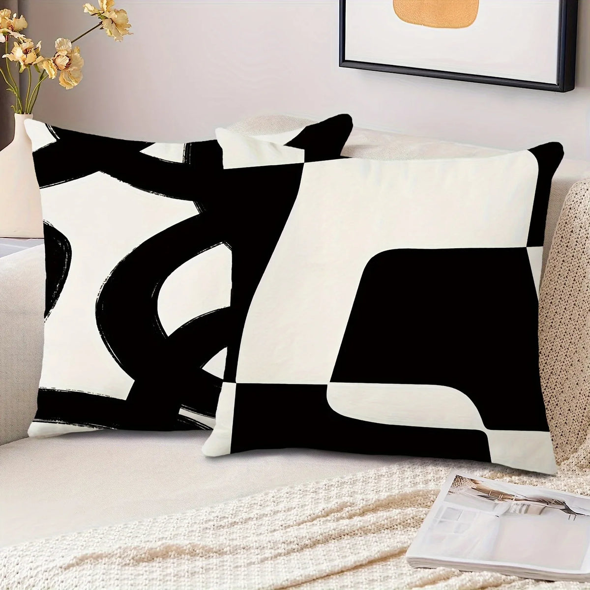 taies d'oreiller imprimées motif abstrait noir blanc contemporaines 45x45cm opaques maison hospitalière