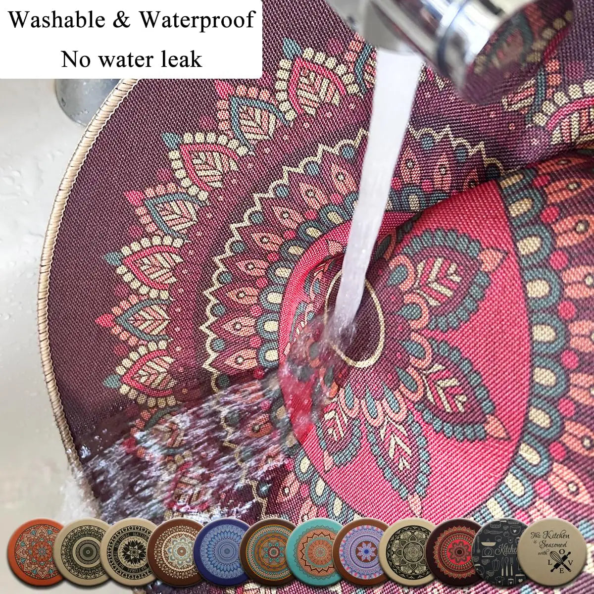 tapis table rond mandala boho chic bleu marine beige tissé imperméable résistant chaleur