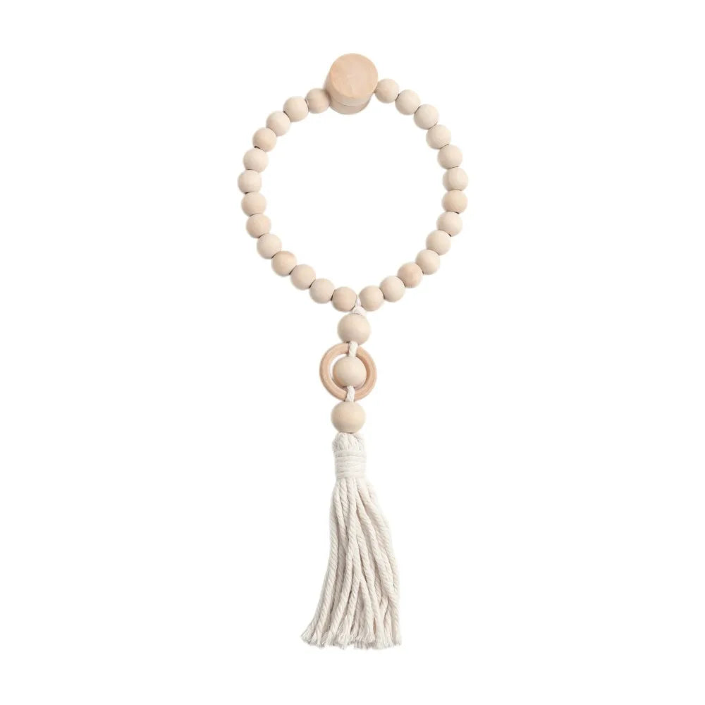 attaches rideau bois pompon bohème rustique naturel anneaux beige rose blanc