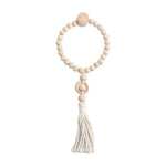attaches rideau bois pompon bohème rustique naturel anneaux beige rose blanc
