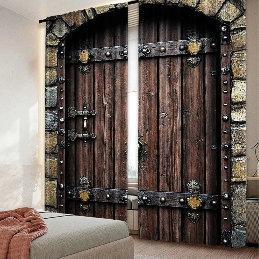 rideaux porte bois ferrures métal rustique deux panneaux marron beige gris vintageextérieur chambre salon
