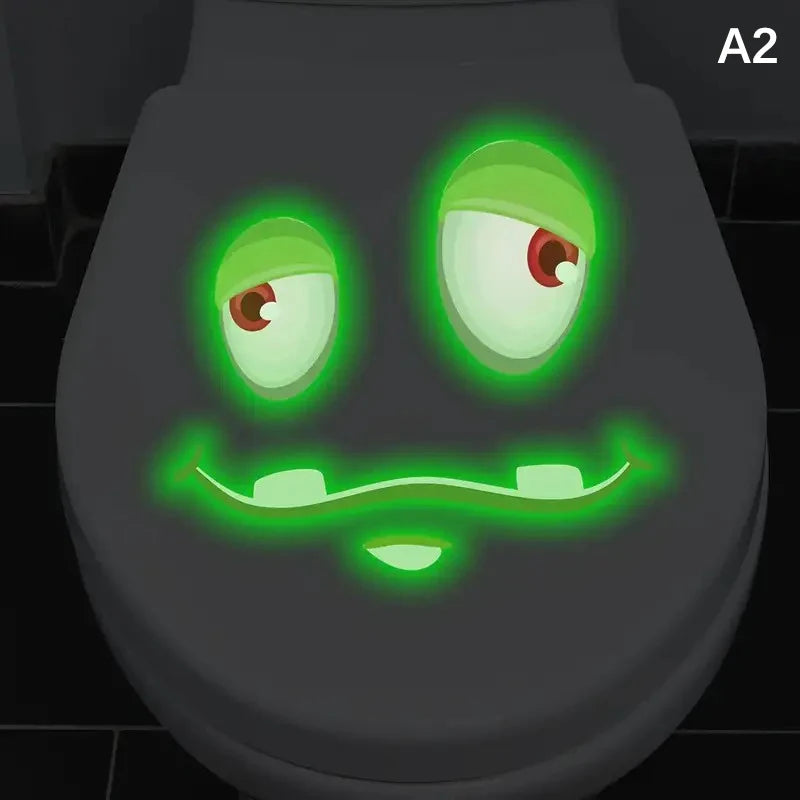 stickers toilette visage souriant yeux grands ouverts adhésifs amovibles cartoona lumineux salle bain bleu