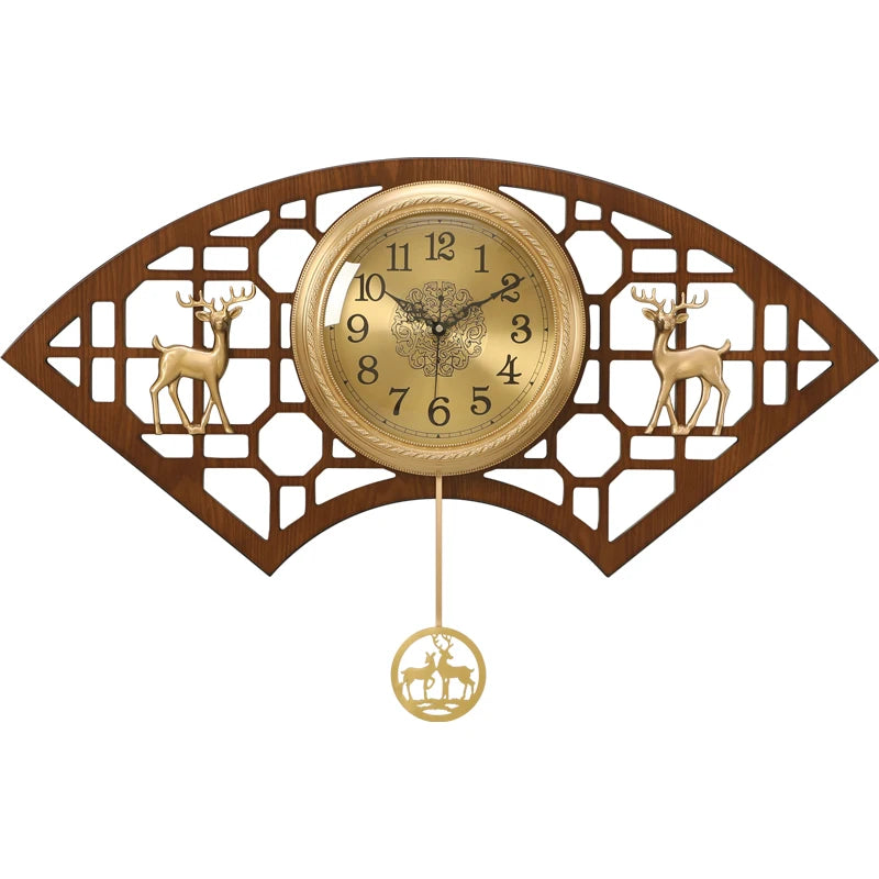 horloge murale chinoise traditionnelle asiatique ventilateur cerf floral marron doré salon