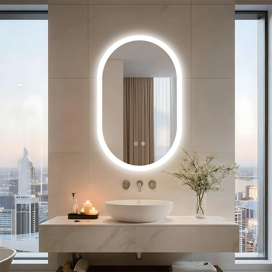 miroir lumineux ovale éclairage led moderne anti buée blanc beige gris