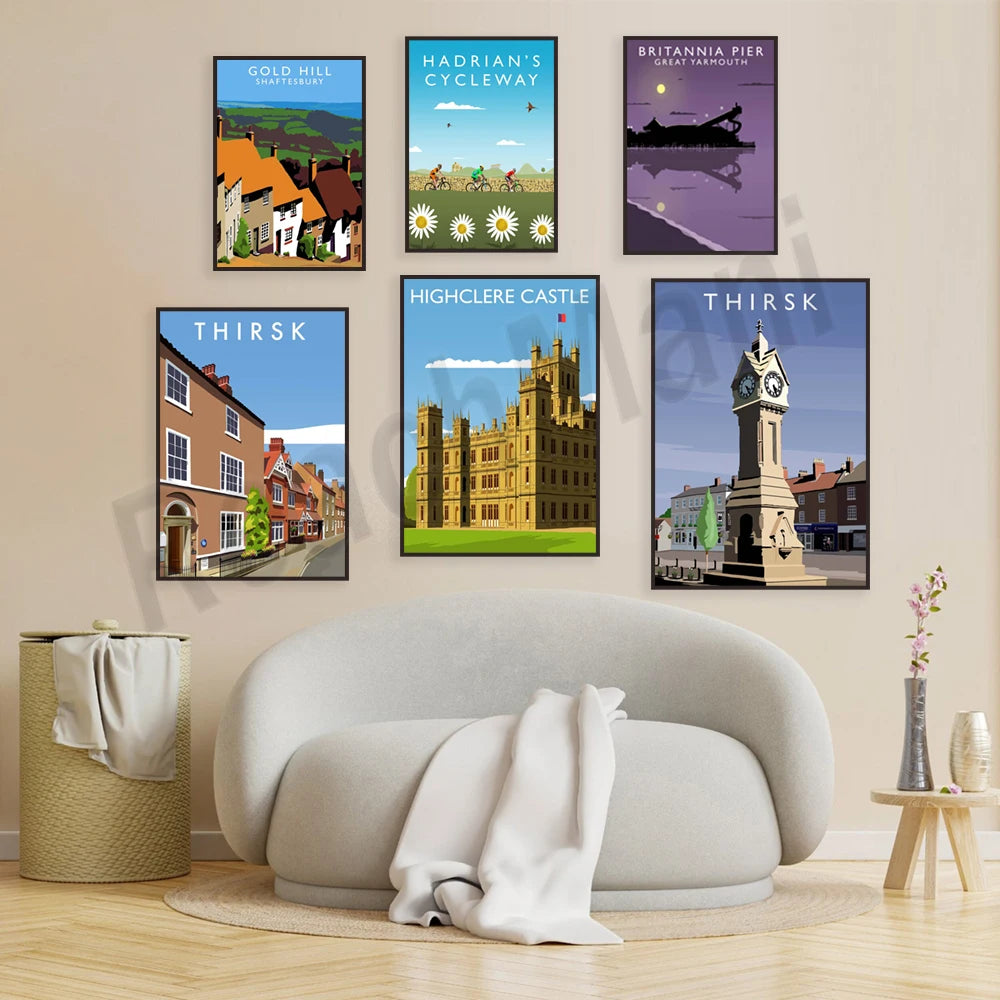 Une collection de jolies affiches illustrant divers lieux et paysages d'Angleterre, mettant en valeur l'architecture et les attraits touristiques de cette région.