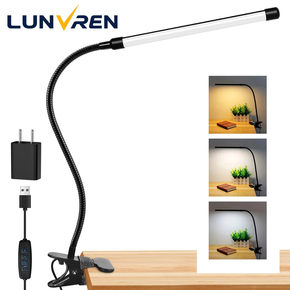 lampe moderne led pinces modes 10 niveaux luminosité adaptateur usb blanc noir