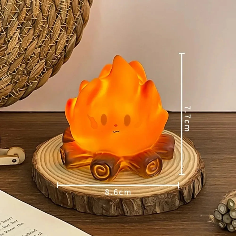 lampe nuit forme flamme orange jaune brun flamme stylisée visage mignon moderne tronc d'arbre