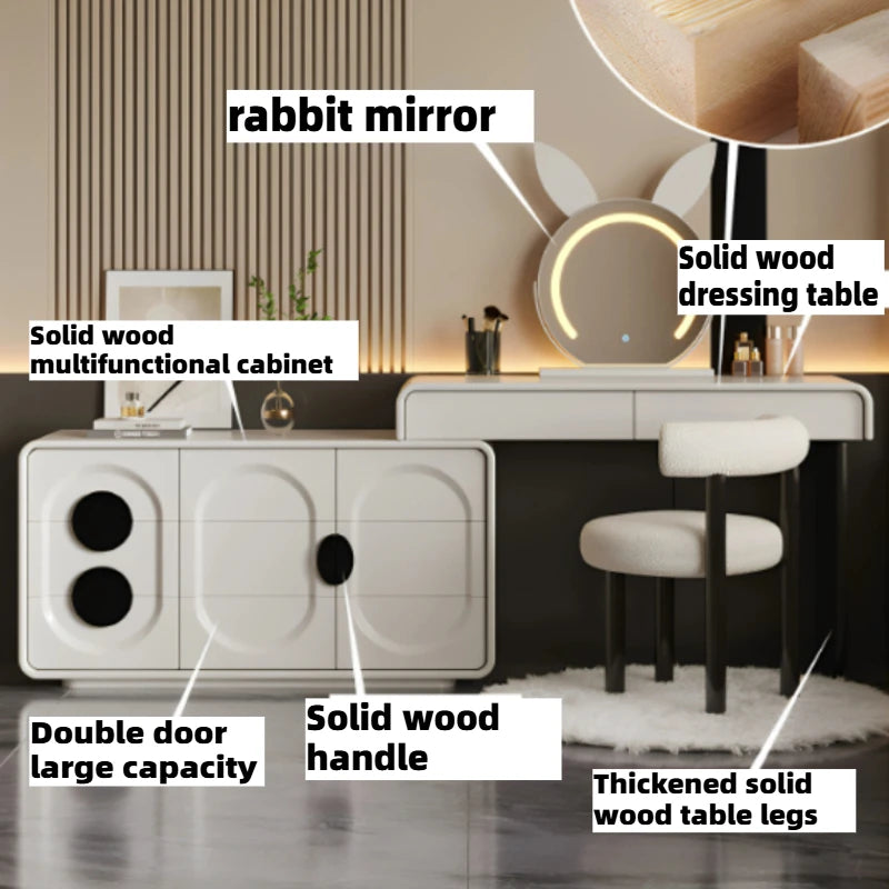 meuble multifonctionnel moderne tiroirs miroir tabouret bois géométrique beige noir