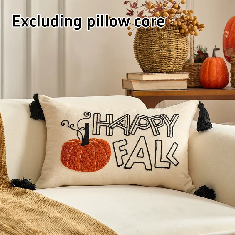 taies d'oreiller automnales brodées citrouilles feuilles d'érable rustique literie polyester respectueux environnement decoration maison