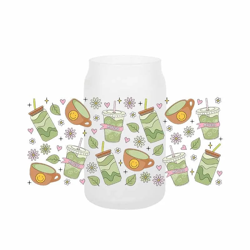 autocollants transfert motif coeurs boissons cartoon transparent opaques tasses croissants glaces bouteille verre couvercle