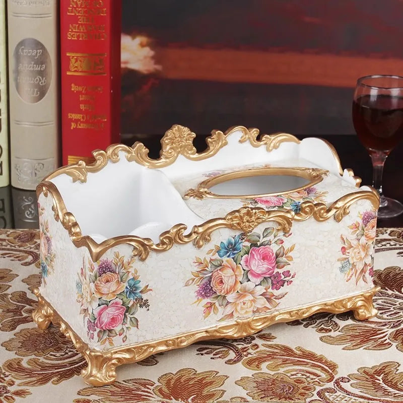 boîte mouchoirs résine fleurs baroques classique doré beige salon chambre