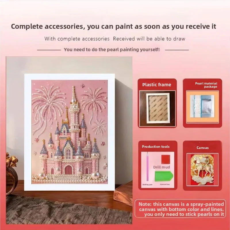 tableau décoratif château blanches rose doré art féerique décoration enfant adulte