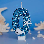 bougies forme chiffre bleu paillette motif marin dauphin étoile mer anniversaire cire paraffine
