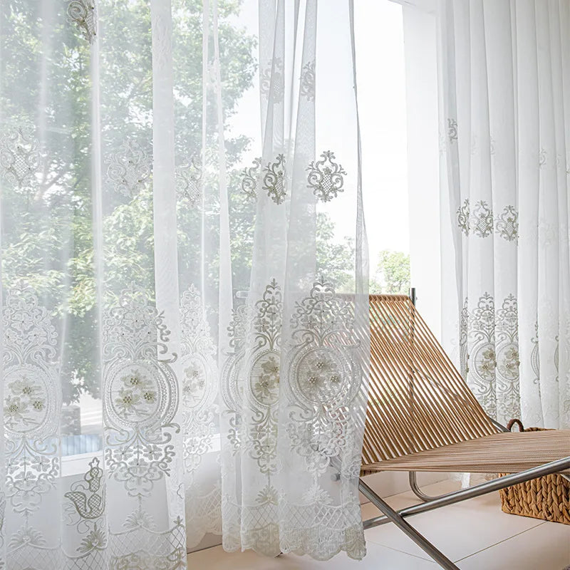rideau tulle blanc broderie fleurs transparent classique salon chambre fenêtre maison décoration intérieur