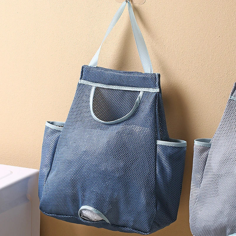 sac poubelle suspendu polyestère réutilisable bleu marine gris noir maille fine moderne crochets muraux