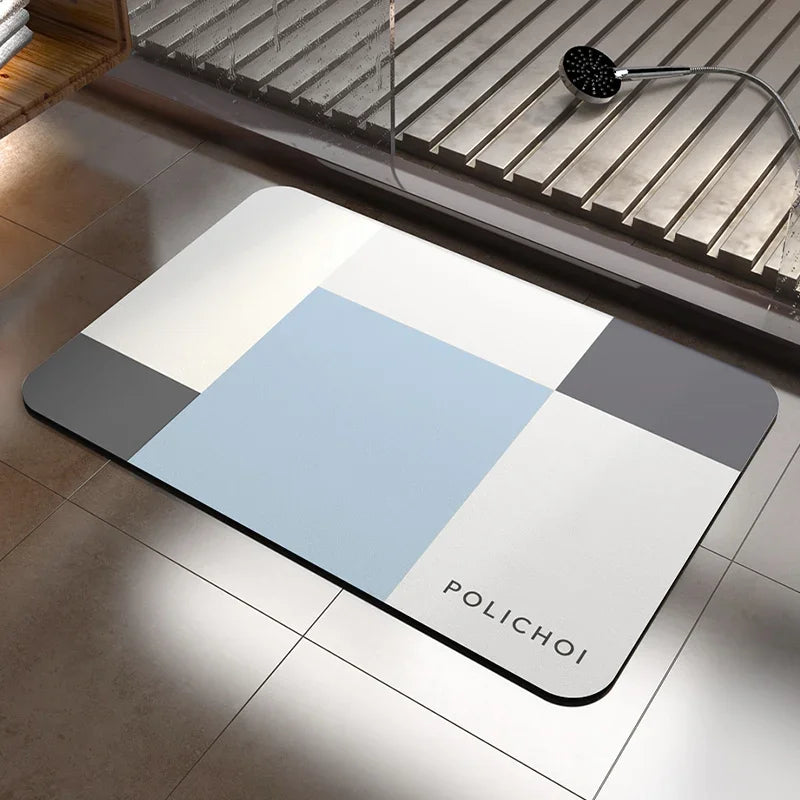 tapis bain moderne carreaux géométriques gris clair gris foncé beige clair vert pastel résistant