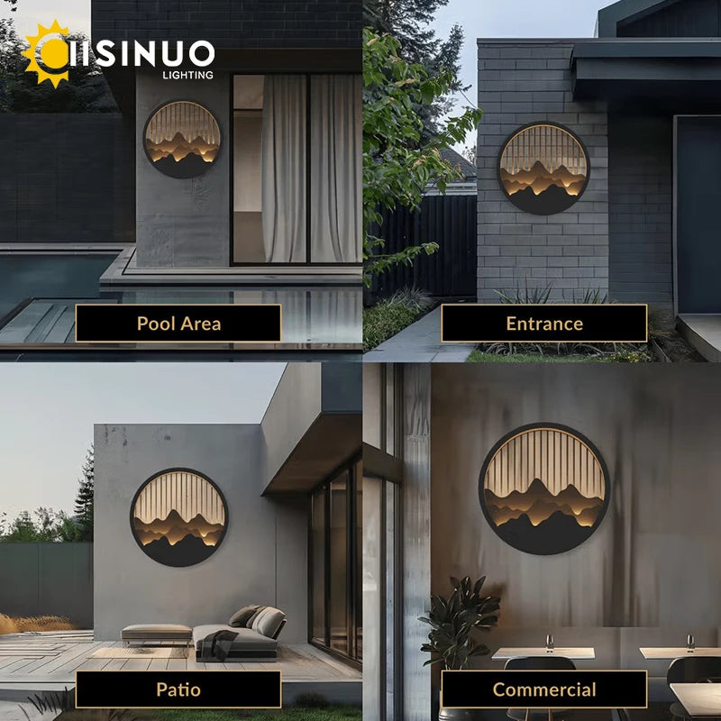 applique murale led noir doré contemporaine ip65 acier inoxydable minimaliste montagnes stylisees
