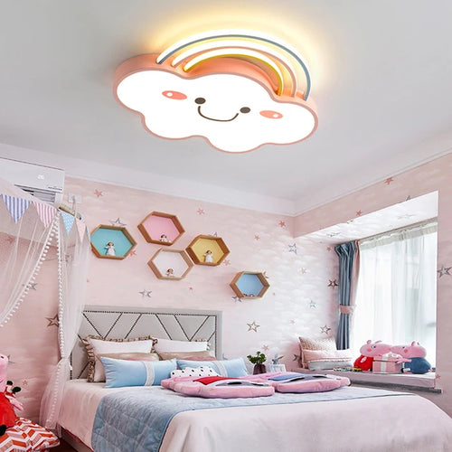 plafonnier moderne nuages souriants arc ciel blanc rose bleu led télécommande chambre enfants