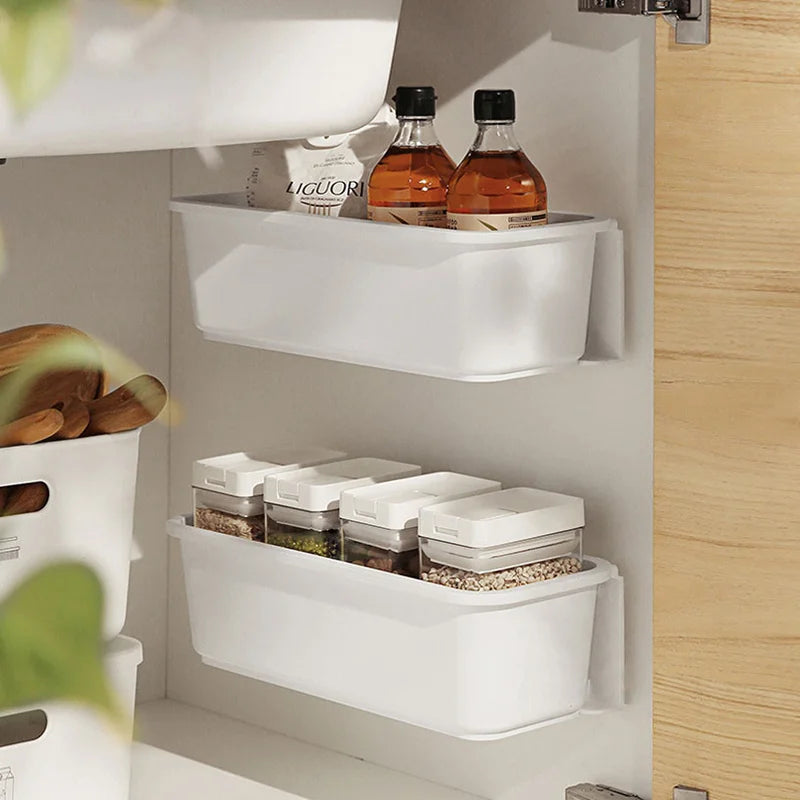 boîtes rangement adhésives murales blanches modernes rangement maquillage organisation placard cuisine salon