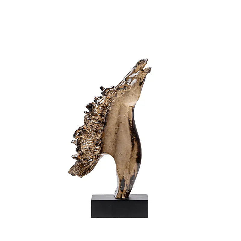 statuette cheval stylisé crinière ondulée moderne transparente doré blanc base carrée noire décoration maison