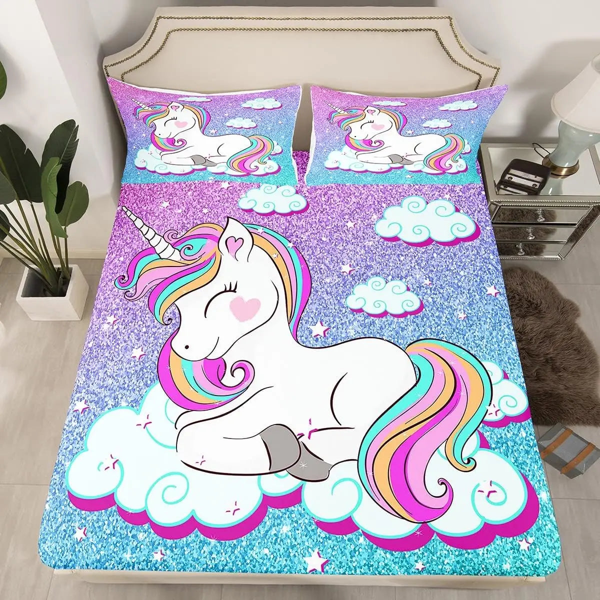 Housse de couette licorne arc-en-ciel pour fille sur lit