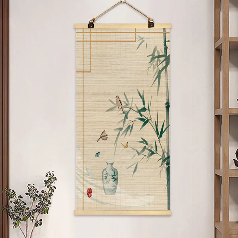 rideau rouleau bambou art traditionnel oriental fleurs oiseaux motifs crochets métalliques opaques entrée maison