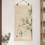 rideau rouleau bambou art traditionnel oriental fleurs oiseaux motifs crochets métalliques opaques entrée maison