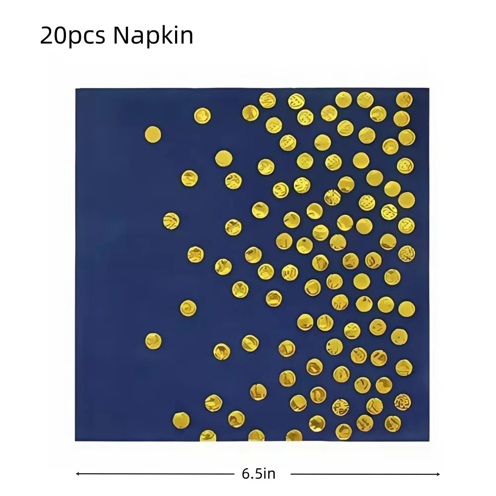 vaisselle jetable moderne assiettes bleu marine fourchette cuillère nappe dorée points festif