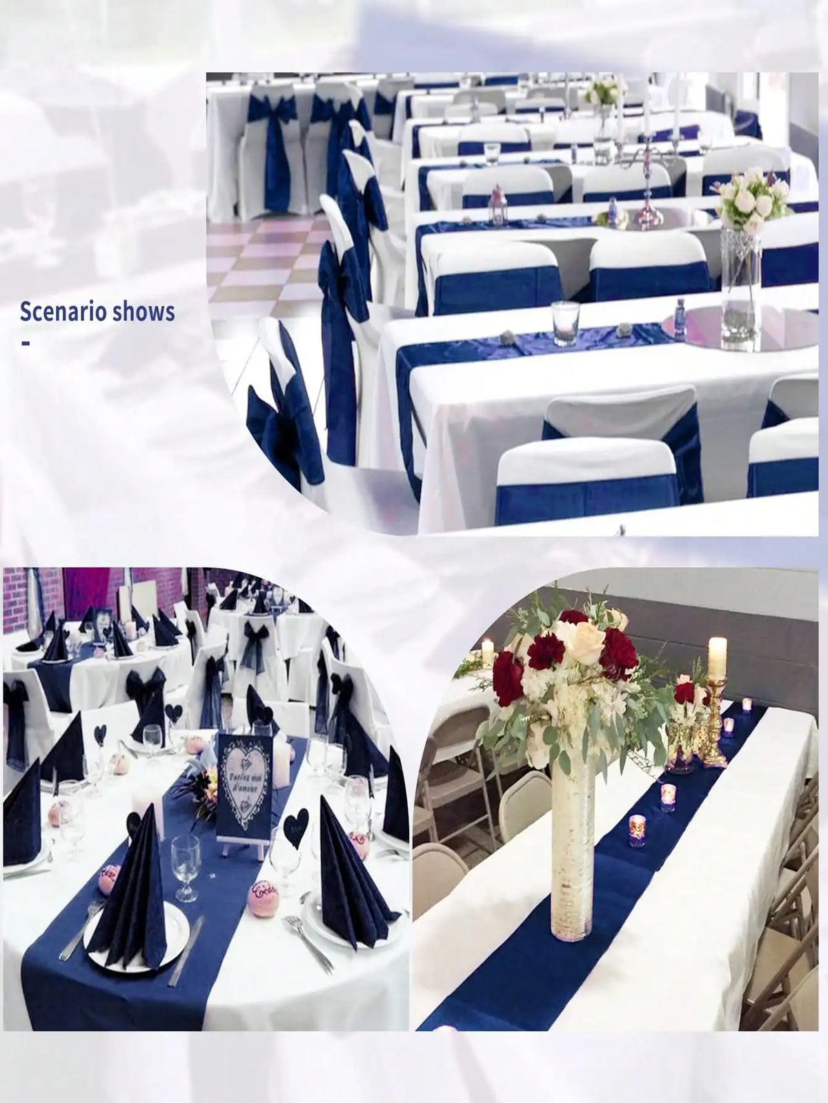 nappe table bleu marine blanche rubans satin mariage réception événementielle