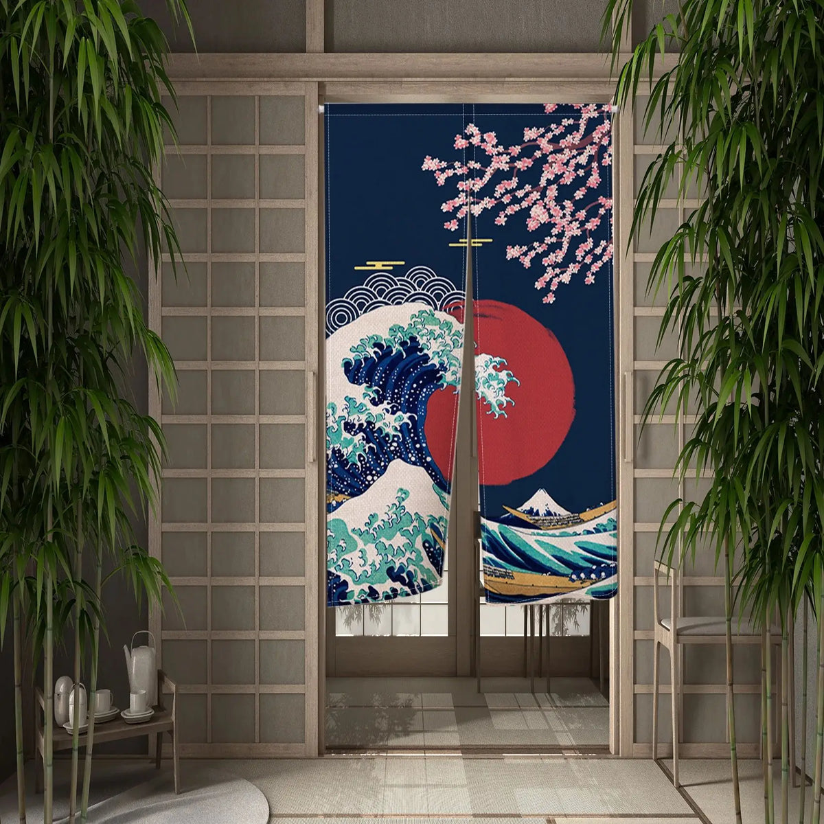 rideau porte art japonais ondes fleurs cerisier opacité anneaux bleu marine blanc rouge