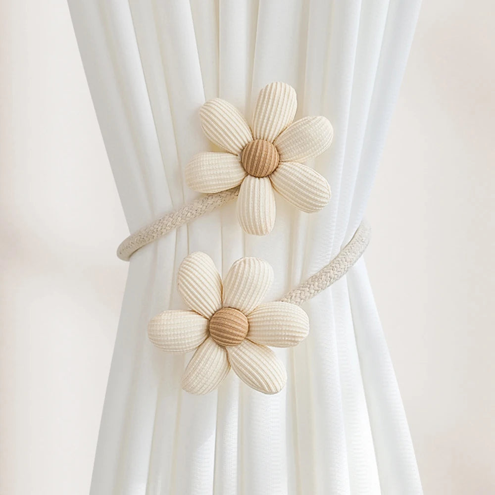 accessoires rideau fleurs texturées attaches ficelles bohème decor maison anneaux boucles tressées rustique